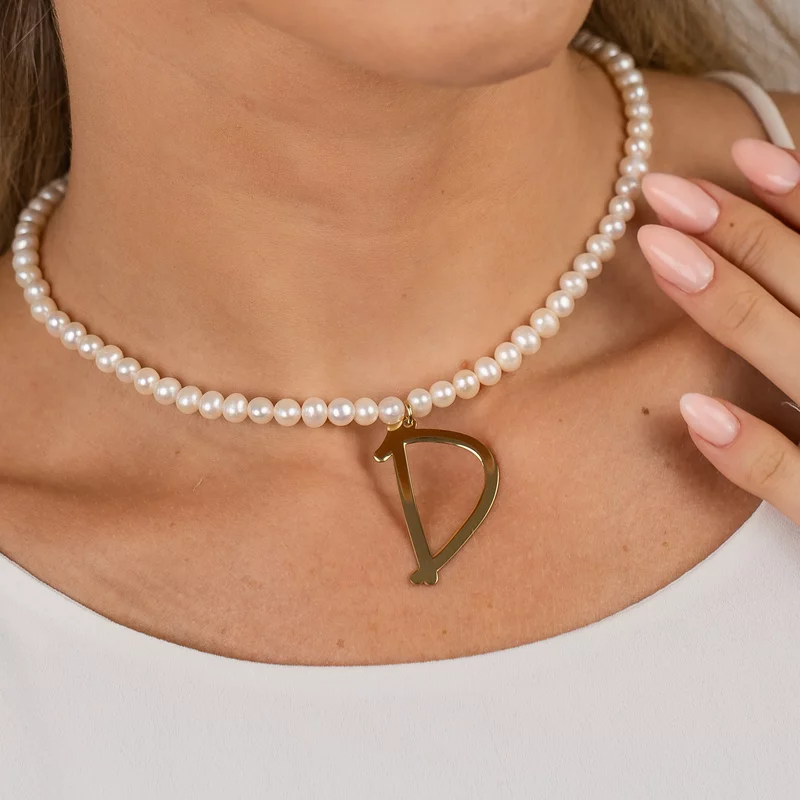 Lantisor cu Perle - Majuscula imensa - Model sirag perle cu initiala mare - Argint 925 placat cu Aur Galben 18K picture - 4