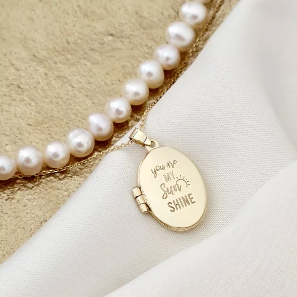 Lantisor cu Perle - Medalion amintirilor OVAL - Model 2 straturi cu sirag de perle si lantisor - Aur Galben 9K