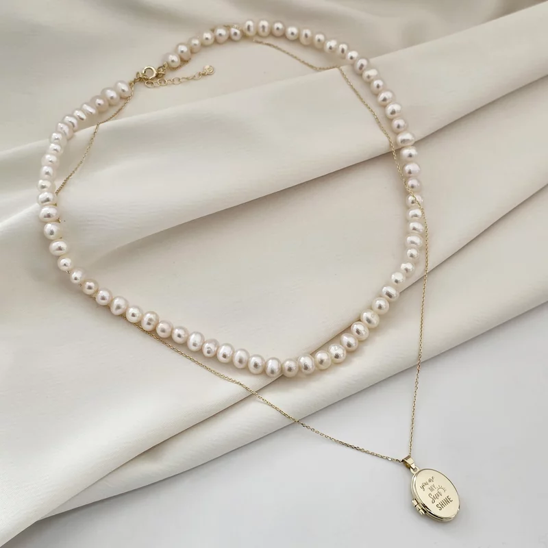 Lantisor cu Perle - Medalion amintirilor OVAL - Model 2 straturi cu sirag de perle si lantisor - Aur Galben 9K picture - 3