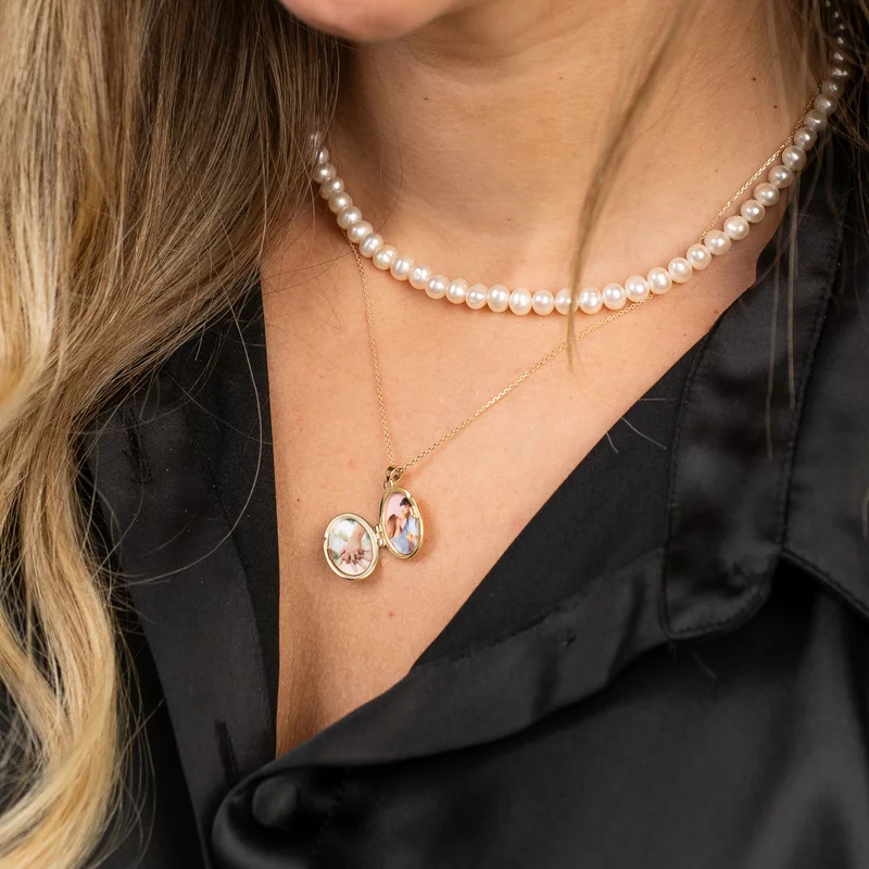 Lantisor cu Perle - Medalion amintirilor OVAL - Model 2 straturi cu sirag de perle si lantisor - Aur Galben 9K picture - 8