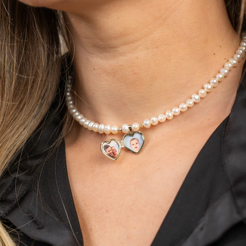 Lantisor cu Perle - Medalionul amintirilor INIMA - Model sirag de perle - Aur Galben 9K picture - 6