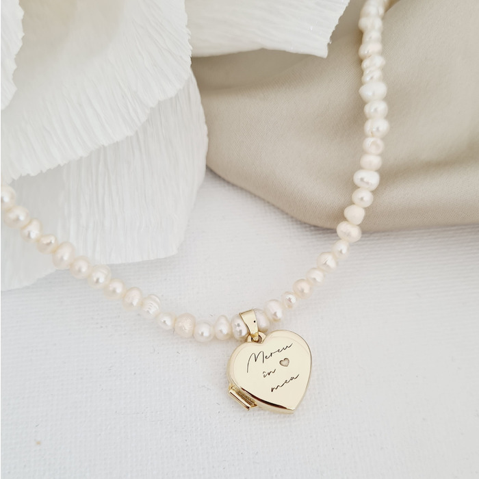 Lantisor cu Perle - Medalionul amintirilor INIMA - Model sirag de perle - Aur Galben 9K image8