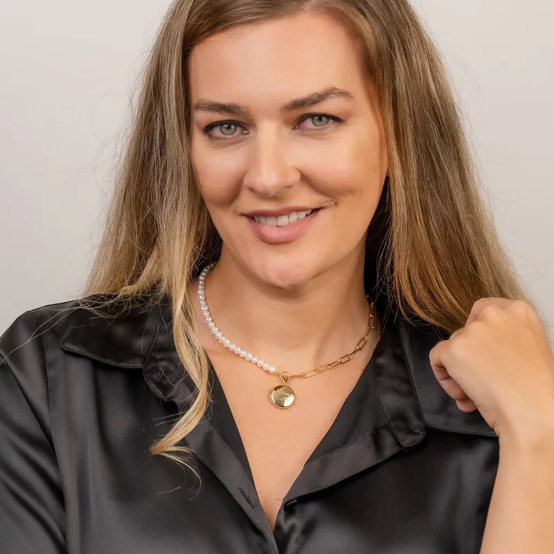 Lantisor cu Perle - Medalionul amintirilor ROTUND - Combinație lant cu zale dreptunghiulare si perle - Argint 925 placat cu Aur galben 18K picture - 2