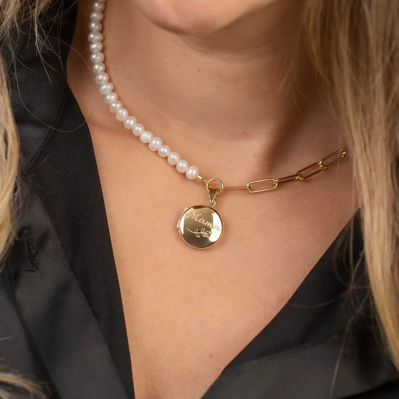 Lantisor cu Perle - Medalionul amintirilor ROTUND - Combinație lant cu zale dreptunghiulare si perle - Argint 925 placat cu Aur galben 18K picture - 4