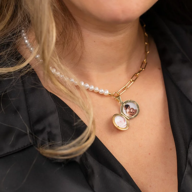 Lantisor cu Perle - Medalionul amintirilor ROTUND - Combinație lant cu zale dreptunghiulare si perle - Argint 925 placat cu Aur galben 18K picture - 6