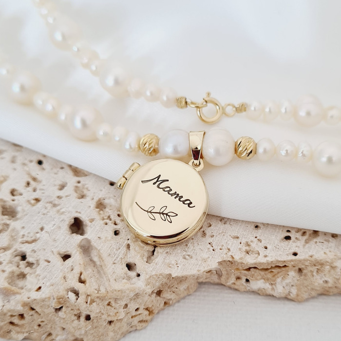 Lantisor cu Perle – Medalionul amintirilor ROTUND – Model sirag de perle de diferite dimensiuni si 2 bilute – Aur Galben 9K Amintirilor