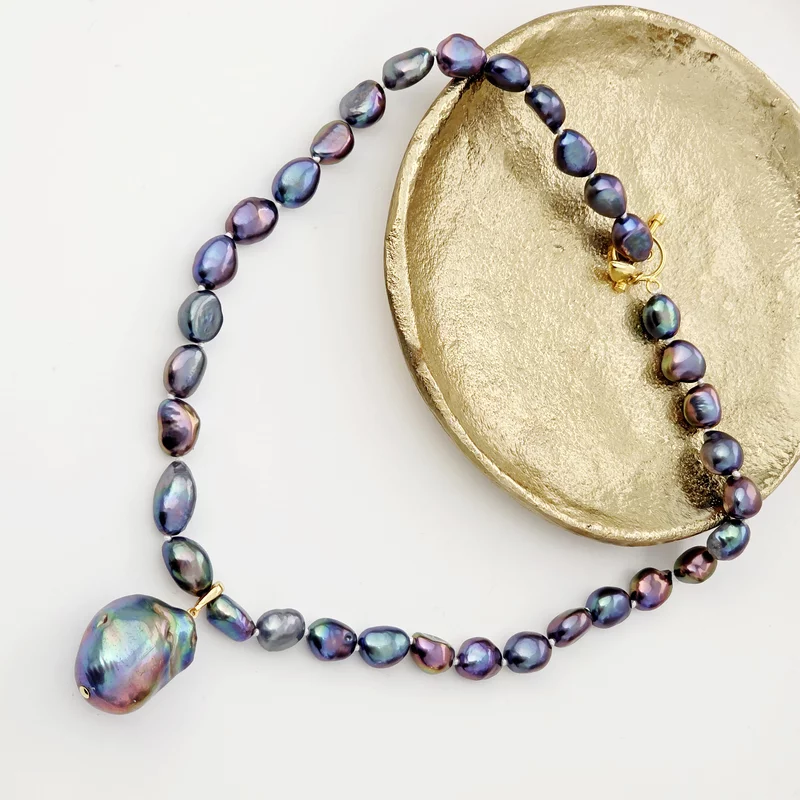 Lantisor cu Perle - model sirag de perle Nugget Peacock  de apa dulce - Argint 925 placat cu Aur Galben 18K picture - 3