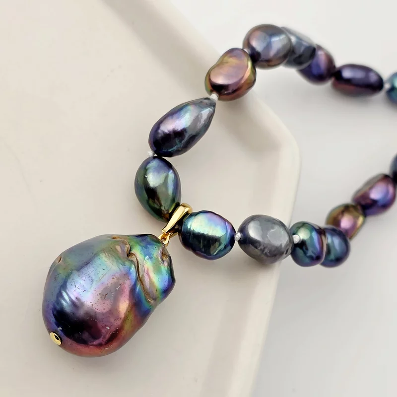 Lantisor cu Perle - model sirag de perle Nugget Peacock  de apa dulce - Argint 925 placat cu Aur Galben 18K picture - 5