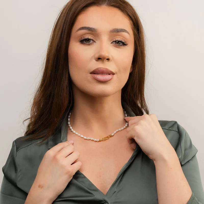 Lantisor cu Perle - model sirag de perle Rice Albe de apa dulce - Argint 925 placat cu Aur Galben 18K picture - 4