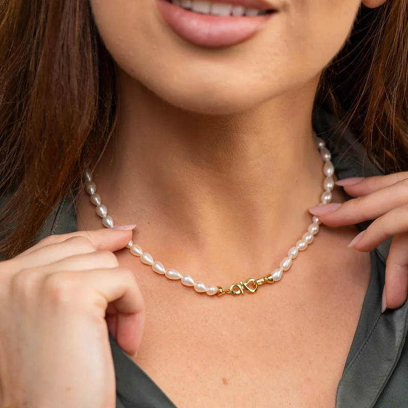 Lantisor cu Perle - model sirag de perle Rice Albe de apa dulce - Argint 925 placat cu Aur Galben 18K picture - 2