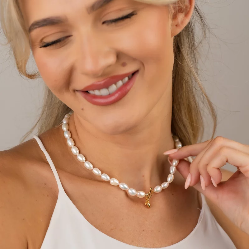 Lantisor cu Perle - model sirag de perle rice albe de apa dulce - Argint 925 placat cu Aur Galben 18K picture - 2