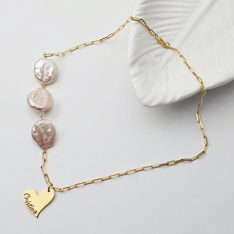 Lantisor cu Perle - Numele inimii - Model cu pandantiv inima, 3 perle pinkie monede si lant cu zale - Argint 925 placat cu Aur Galben 18K picture - 4