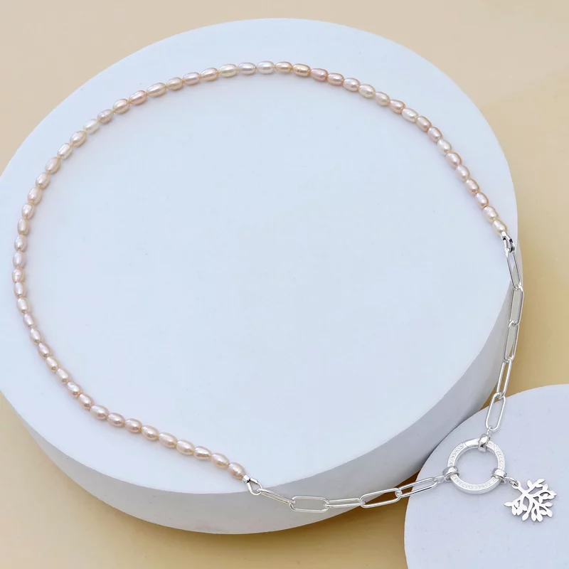 Lantisor cu Perle - Ramura intelepciunii - Model sirag perle rice peach, lant cu zale dreptunghiulare si element cu Zirconii - Argint 925 picture - 2