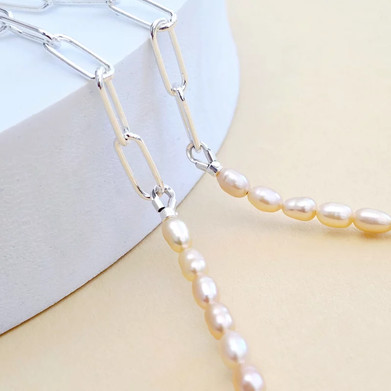 Lantisor cu Perle - Ramura intelepciunii - Model sirag perle rice peach, lant cu zale dreptunghiulare si element cu Zirconii - Argint 925 picture - 3