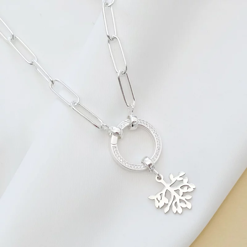 Lantisor cu Perle - Ramura intelepciunii - Model sirag perle rice peach, lant cu zale dreptunghiulare si element cu Zirconii - Argint 925 picture - 4