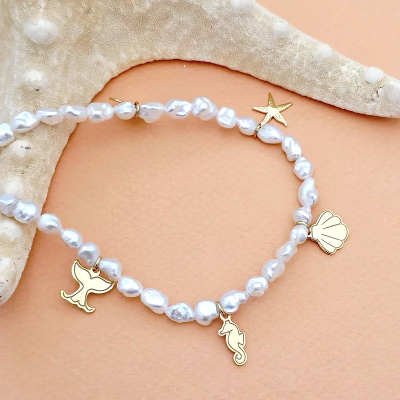 Lantisor cu Perle - Stralucire tropicala - Model sirag perle keshi cu elemente de vara - Argint 925 placat cu Aur Galben 18K picture - 1