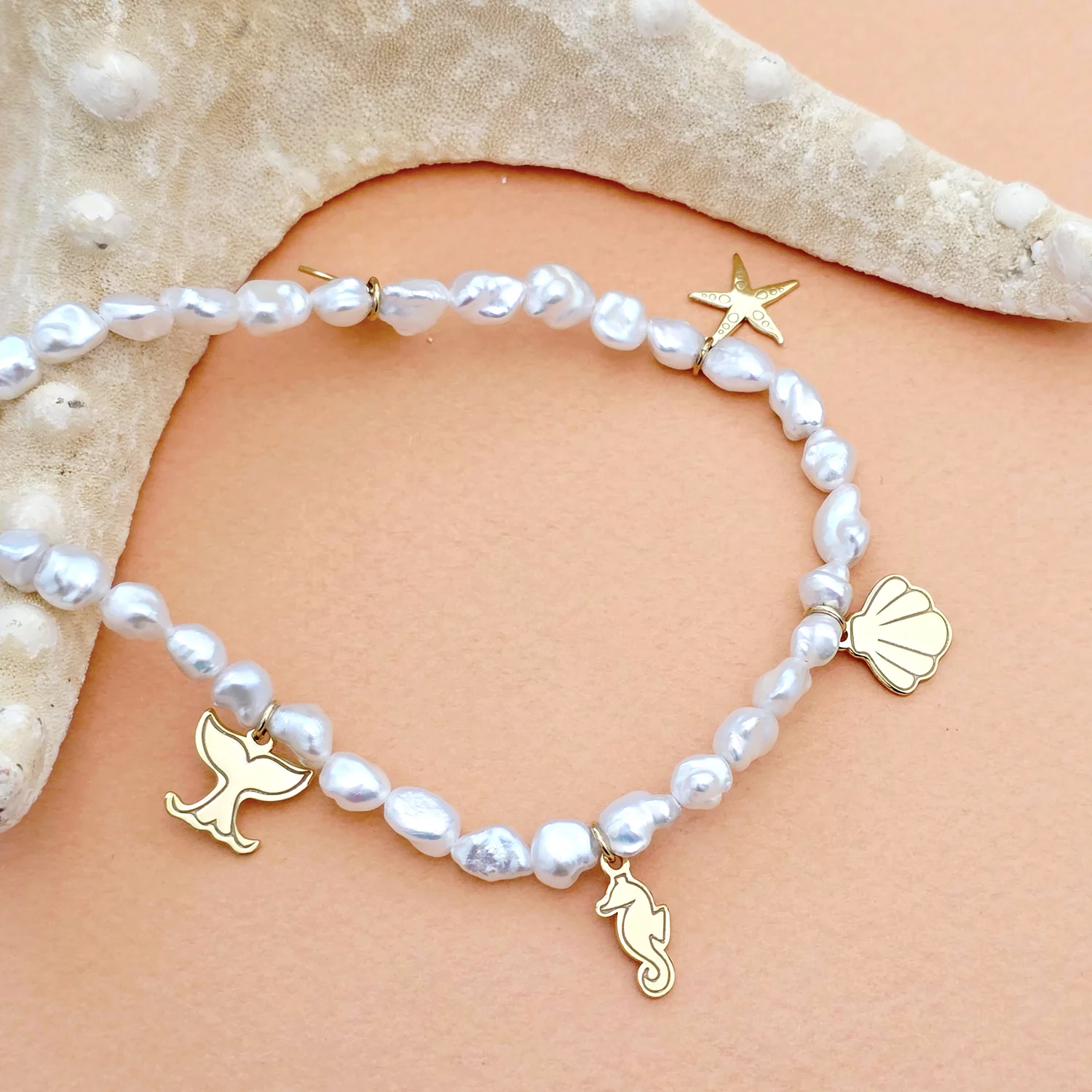 Lantisor cu Perle - Stralucire tropicala - Model sirag perle keshi cu elemente de vara - Argint 925 placat cu Aur Galben 18K