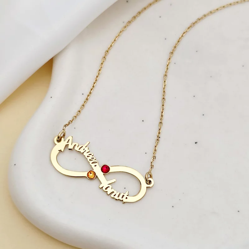 Lantisor Etern - Infint cu 2 nume decupate si cristale Swarovski - Argint 925 placat cu Aur Galben 18K picture - 2