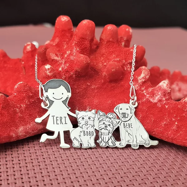 Lantisor Familie - 4 Membri cu 2 Yorkshire Terrieri si 1 Labrador - Argint 925