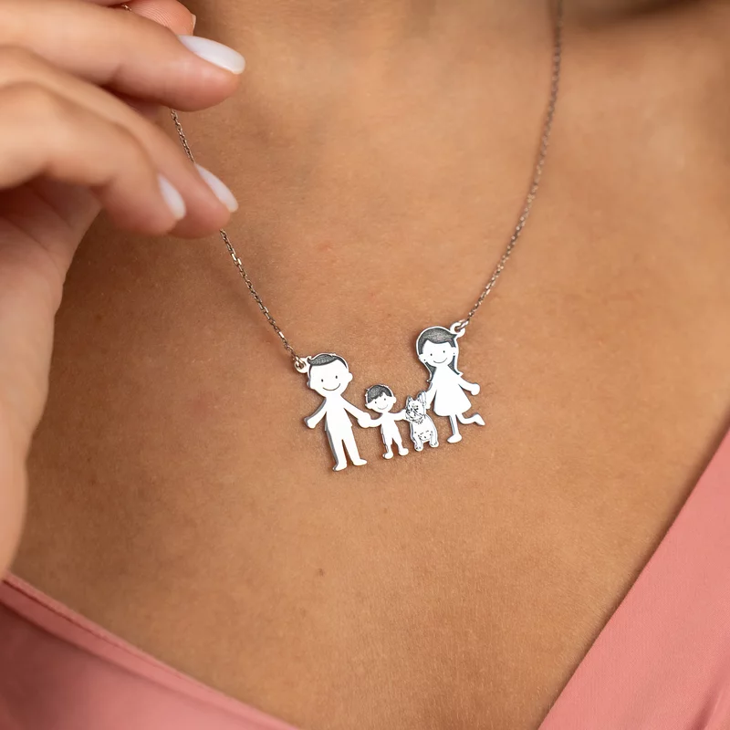 Lantisor Familie - 4 Membri cu Bulldog - Argint 925 picture - 2