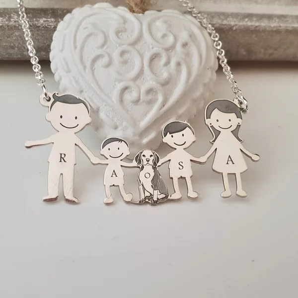 Lantisor Familie - 5 Membri cu Beagle - Argint 925