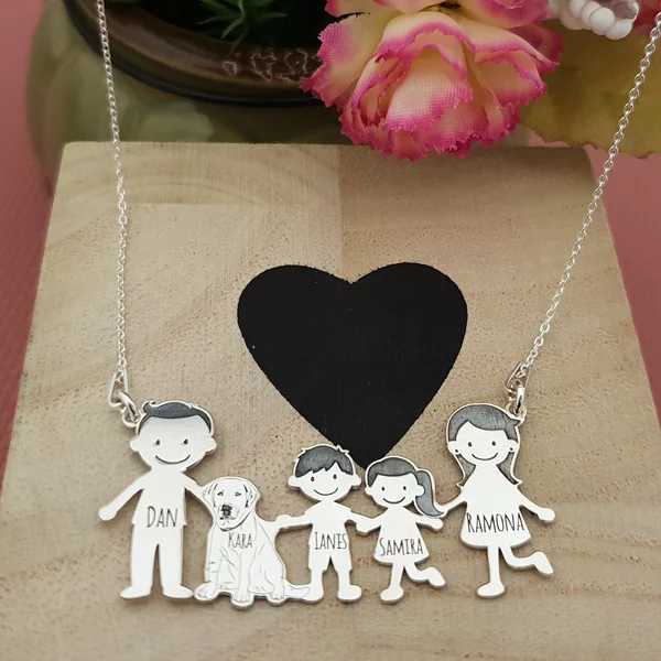 Lantisor Familie - 5 Membri cu caine - Argint 925