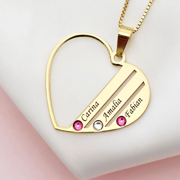 Lantisor Inima familiei - 3 nume si cristale Swarovski - Argint 925 placat cu Aur 18K