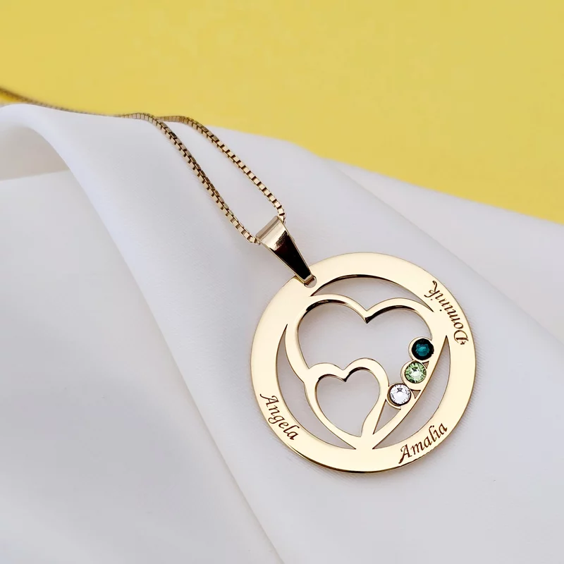 Lantisor Familie unita - Inimi in disc - 3 nume si cristale Swarovski - Argint 925 placat cu Aur Galben 18K picture - 3