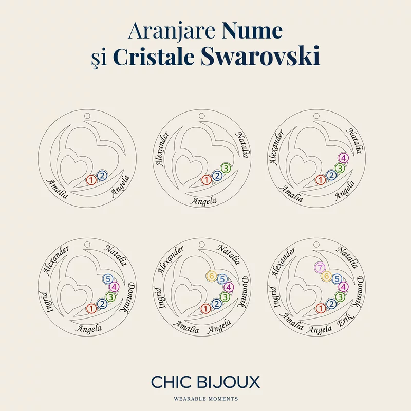 Lantisor Familie unita - Inimi in disc - 3 nume si cristale Swarovski - Argint 925 placat cu Aur Galben 18K picture - 8