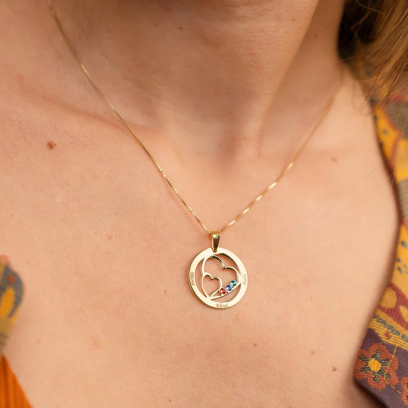 Lantisor Familie unita - Inimi in disc - 3 nume si cristale Swarovski - Argint 925 placat cu Aur Galben 18K picture - 4