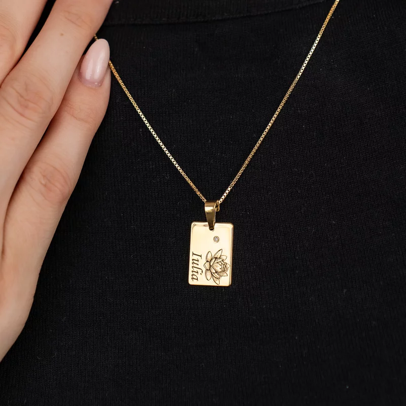 Lantisor Floarea mea - Diamant natural, nume si floarea lunii de nastere - Argint 925 placat cu Aur Galben 18K picture - 2