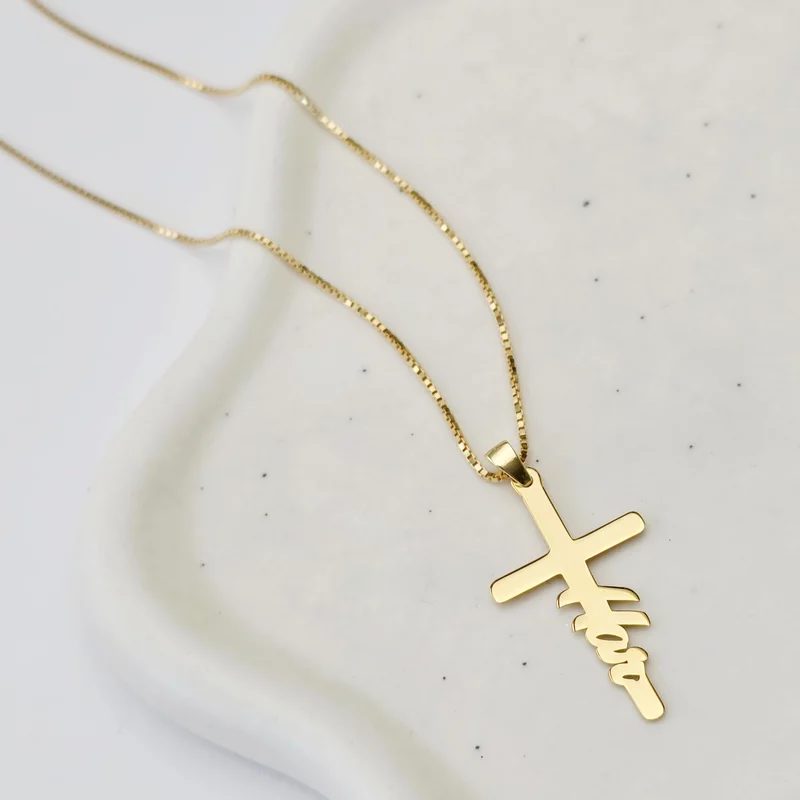 Lantisor Gratie divina - Bijuteri cu Har - Pandantiv cruce si cuvant - Argint 925 placat cu Aur Galben 18K picture - 2