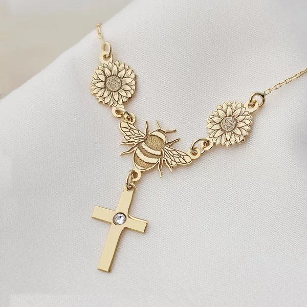 Lantisor IMPREUNA - Beelieve - Pandantiv cu flori, albina si cruce cu cristal Swarovski - Argint 925 placat cu Aur Galben 18K