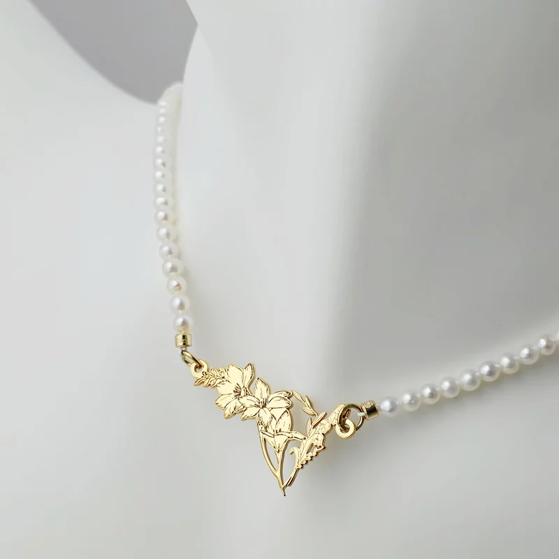 Lantisor IMPREUNA - frezie & lacrimioare - Pandantiv din Argint 925 placat cu Aur Galben 18K - Sirag de perle mici picture - 2
