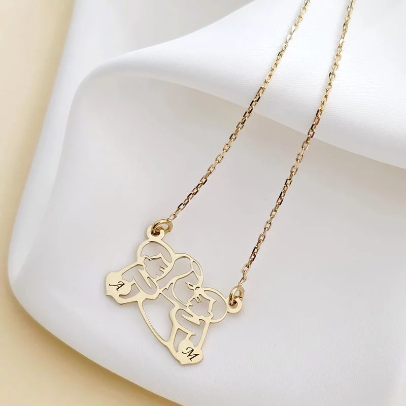 Lantisor In inima mamei - Pandantiv Mama&baieti si inimi cu initiale - Argint 925 placat cu Aur Galben 18K picture - 3