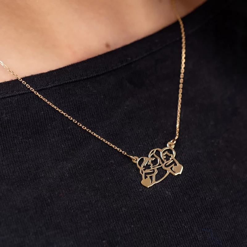 Lantisor In inima mamei - Pandantiv Mama&copii si inimi cu initiale - Argint 925 placat cu Aur Galben 18K picture - 2