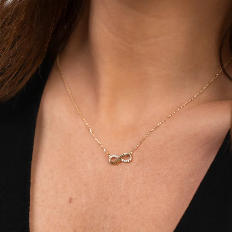 Lantisor infinit decorat cu Zirconii albe  - Aur Galben 14K picture - 4