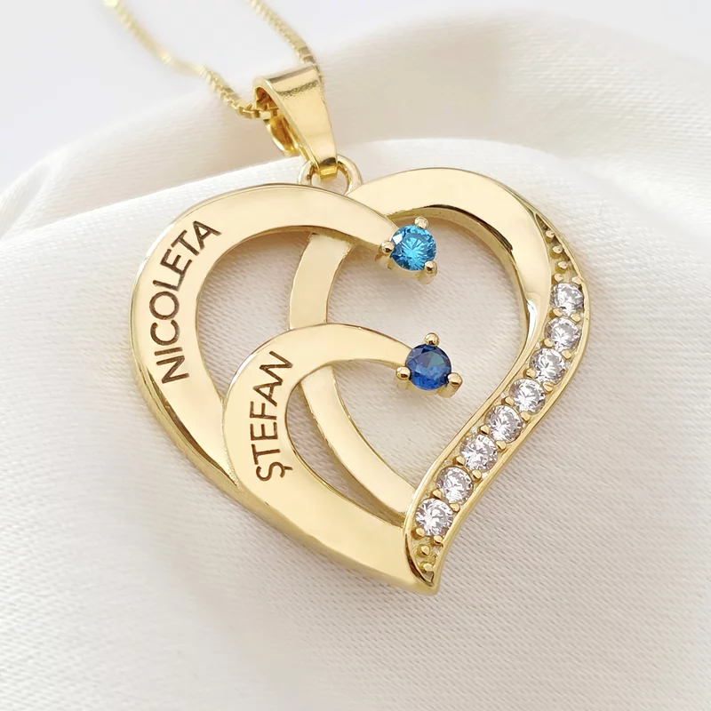 Lantisor Inima cu Poveste - 2 nume si Cristale Zirconia - Argint 925 placat cu Aur 18K