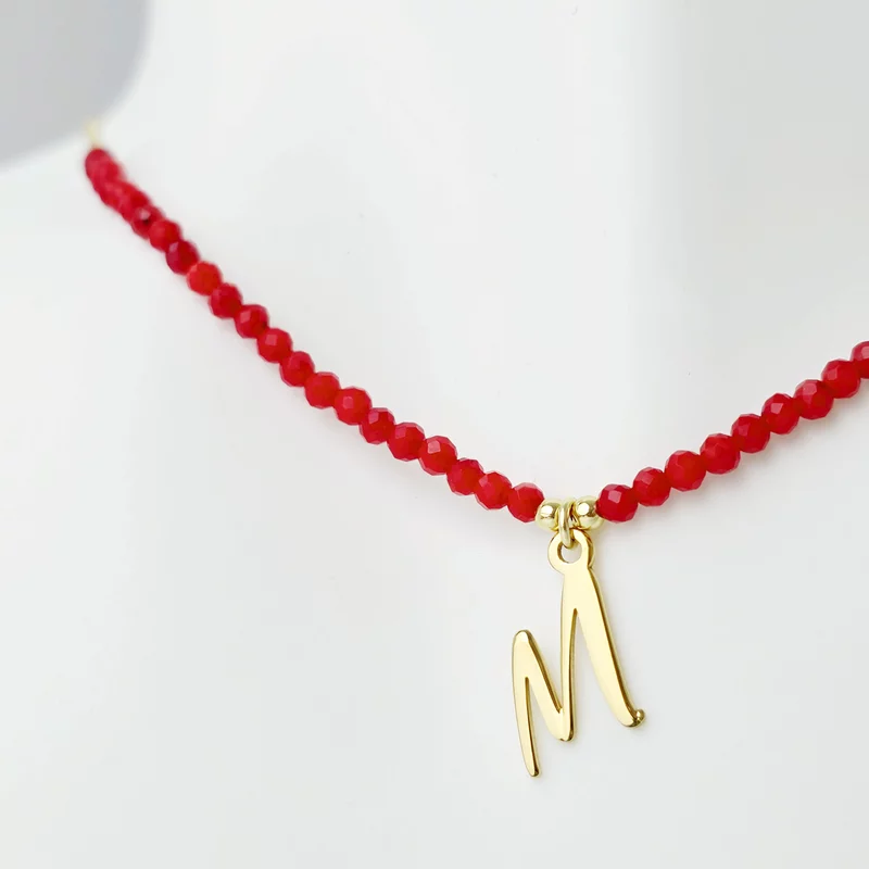 Lantisor Initiala - Pietre Coral & Initiala - Argint placat cu Aur Galben 18K picture - 5