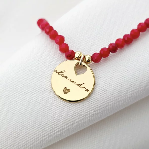 Lantisor Love Name - Pietre Coral & Pandantiv cu Nume si Inima - Argint placat cu Aur Galben 18K