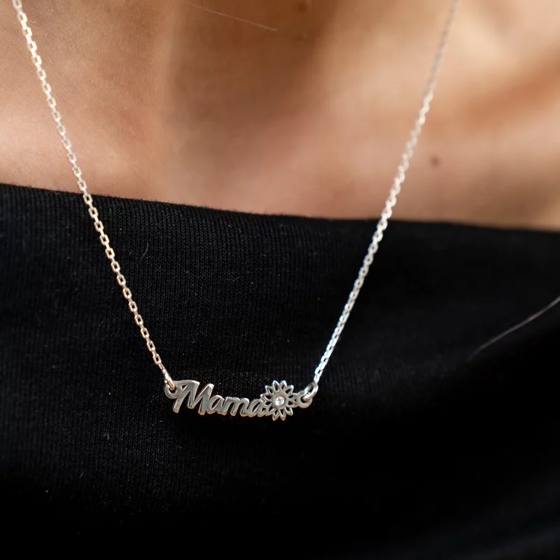 Lantisor mama, simbol floare si Diamant natural - Argint 925 picture - 2
