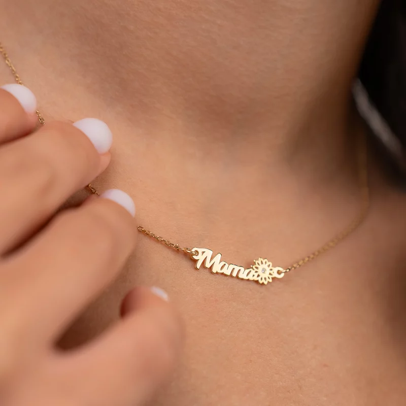 Lantisor mama, simbol floare si Diamant natural - Argint 925 placat cu Aur Galben 18K picture - 2