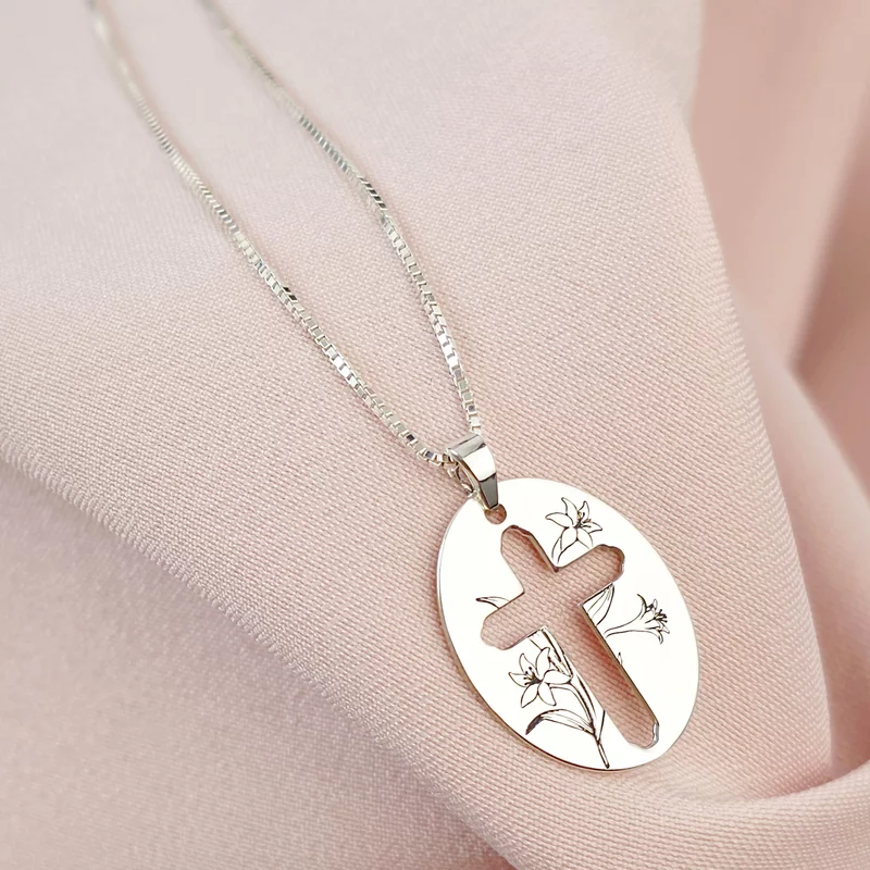 Lantisor Parfum Divin - Bijuterie cu Har - Pandantiv cruce si crin regal - Argint 925 picture - 2