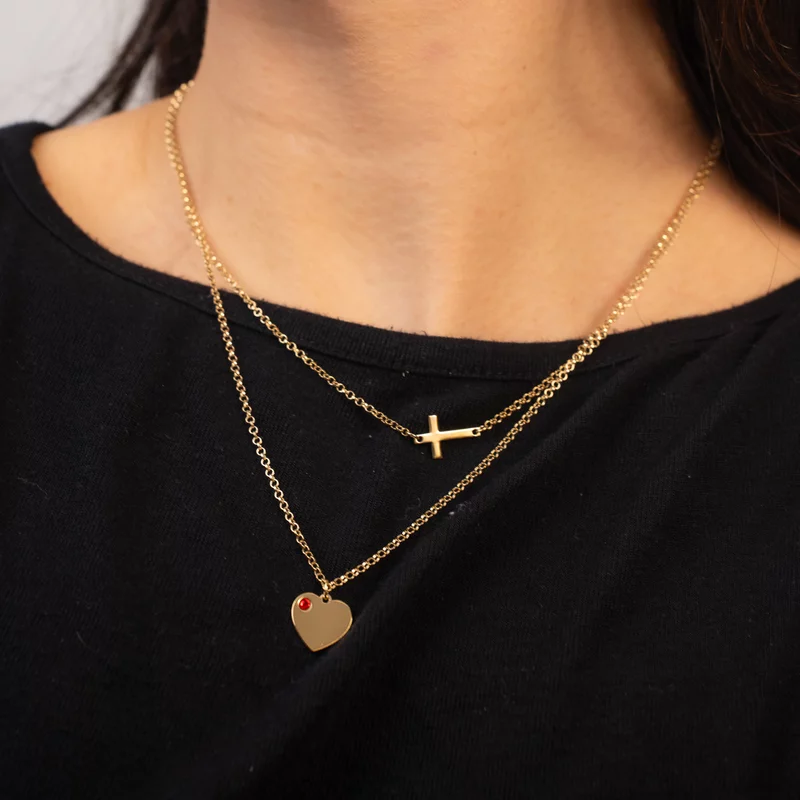 Lantisor personalizat - 2 Straturi - Inima si cruce - Argint placat cu Aur Galben 18K - Cristal Swarovski picture - 4