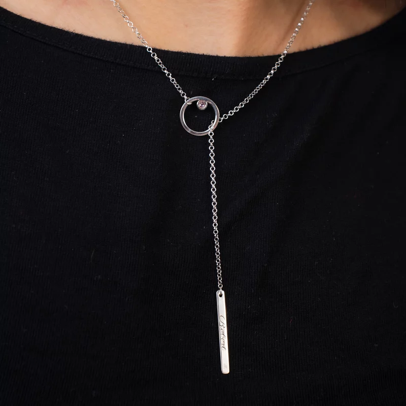 Lantisor personalizat - Cerc decupat cu cristal Swarovski si placuta  - Model lariat Y - Argint 925 picture - 4