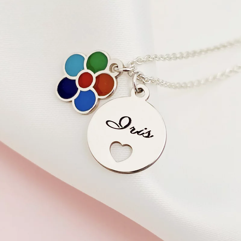 Lantisor personalizat cu 2 pandantive - Floare multicolora cu email - Banut cu nume si inima decupata - Argint 925 picture - 1