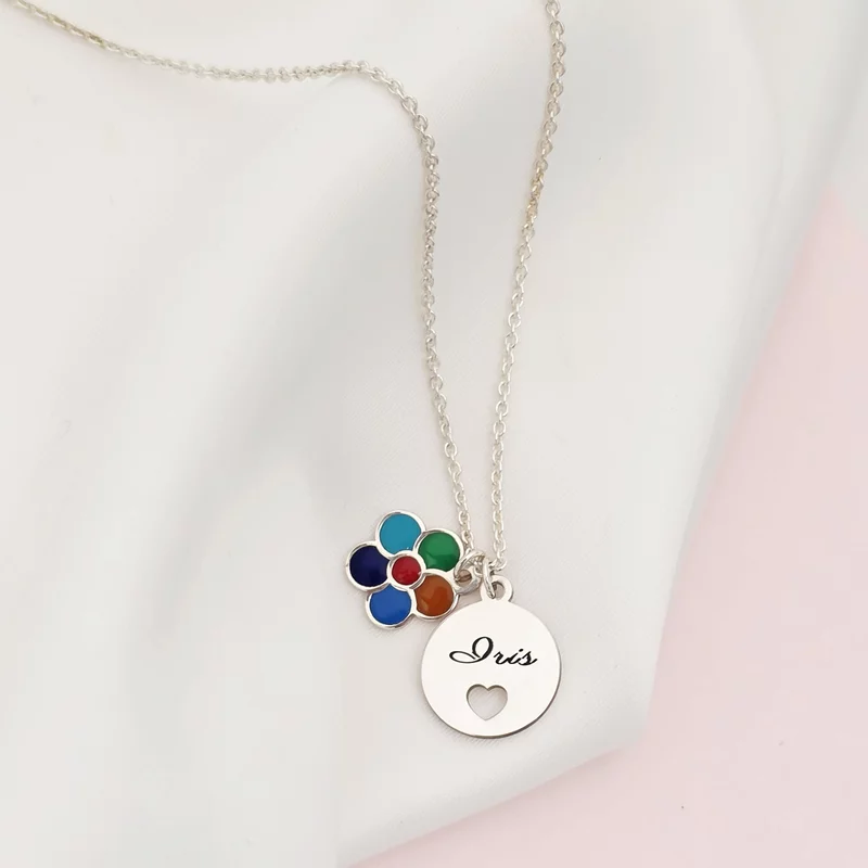 Lantisor personalizat cu 2 pandantive - Floare multicolora cu email - Banut cu nume si inima decupata - Argint 925 picture - 3