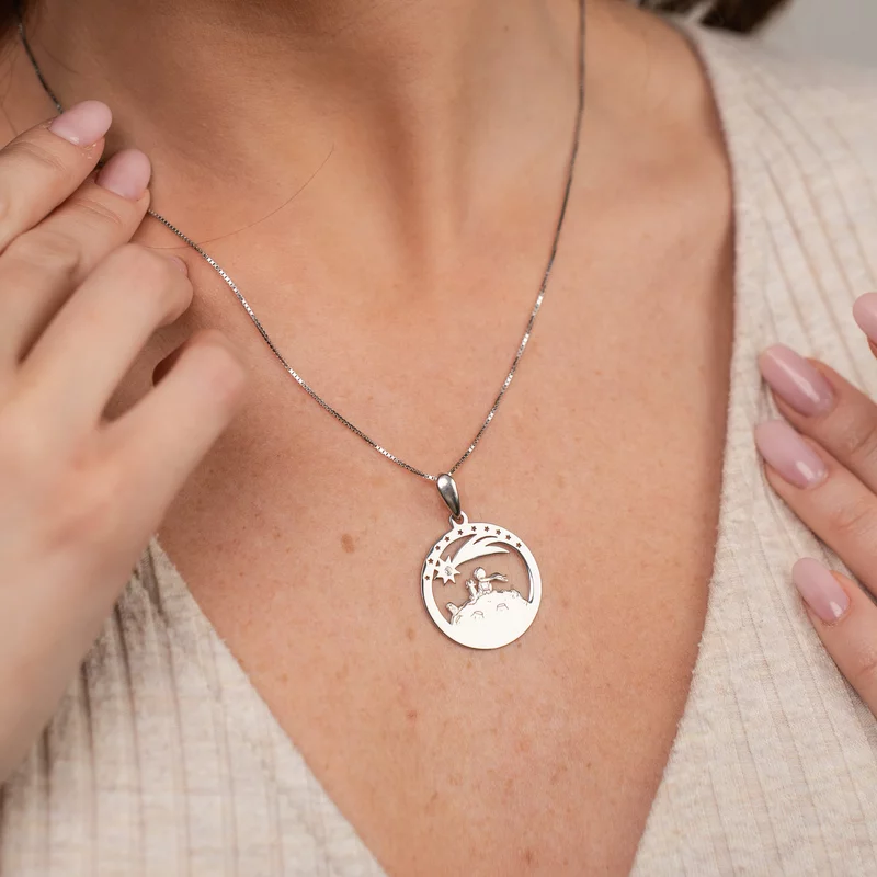 Lantisor personalizat cu Diamant natural - Pandantiv Micul Print vulpea si trandafirul - Argint 925 Rodiat picture - 4