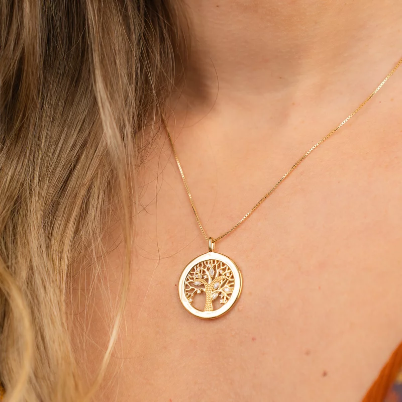 Lantisor personalizat cu nume - Copacul Vietii decorat cu Zirconii albe - Argint 925 placat cu Aur Galben 18K picture - 5