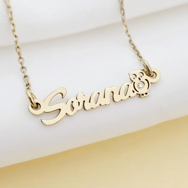 Lantisor personalizat cu Nume si Bufnita decorata cu Diamant natural - Argint 925 placat cu Aur Galben 18K